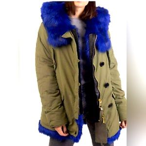 Olive Green Parka with Blue Faux Fur Trim - Women’s Jacket